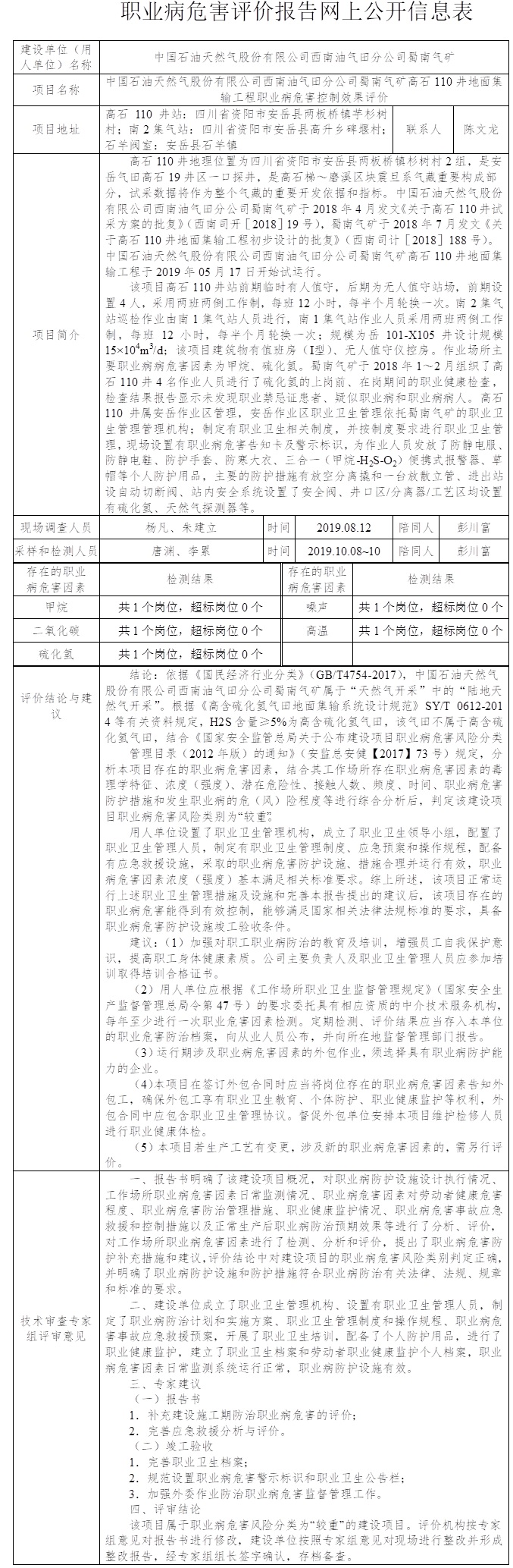 中国石油天然气股份有限公司西南油气田分公司蜀南气矿高石110井地面集输工程职业病危害控制效果评价.jpg