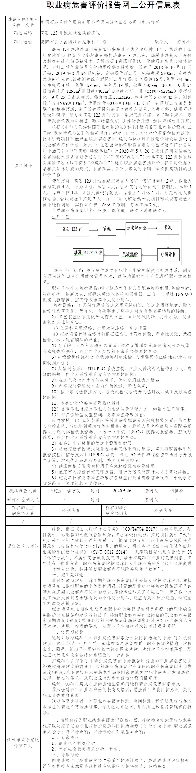 中国石油天然气股份有限公司西南油气田分公司川中油气矿高石123井试采地面集输工程职业病危害因素预评价.jpg
