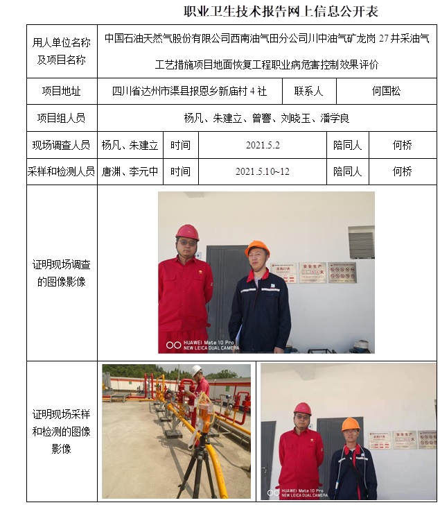 中国石油天然气股份有限公司西南油气田分公司川中油气矿龙岗27井采油气工艺措施项目地面恢复工程职业病危害控制效果评价.jpg
