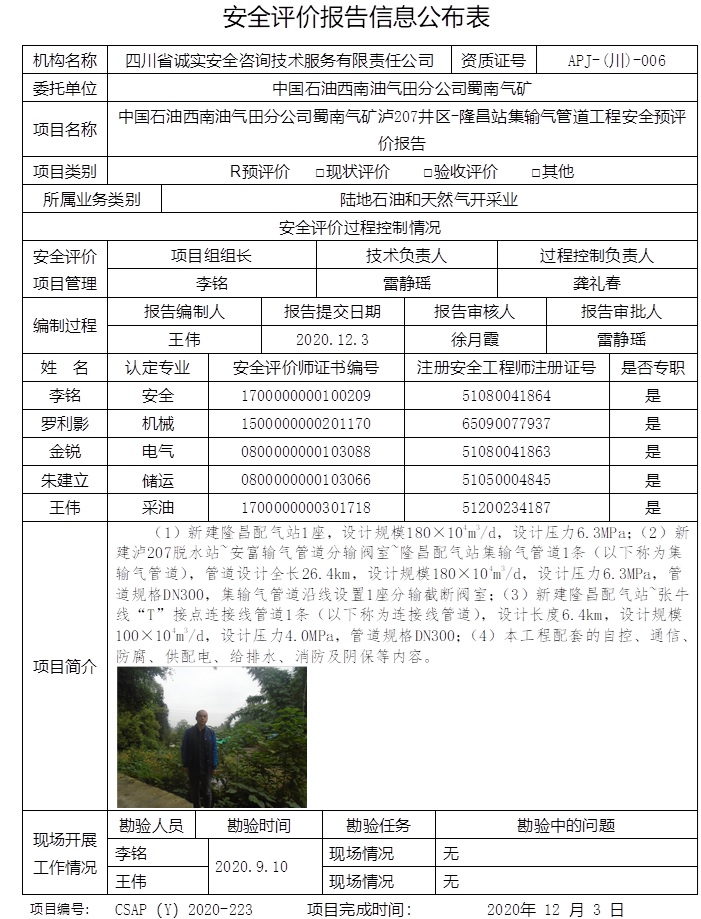 中国石油西南油气田分公司蜀南气矿泸207井区-隆昌站集输气管道工程安全预评价.jpg