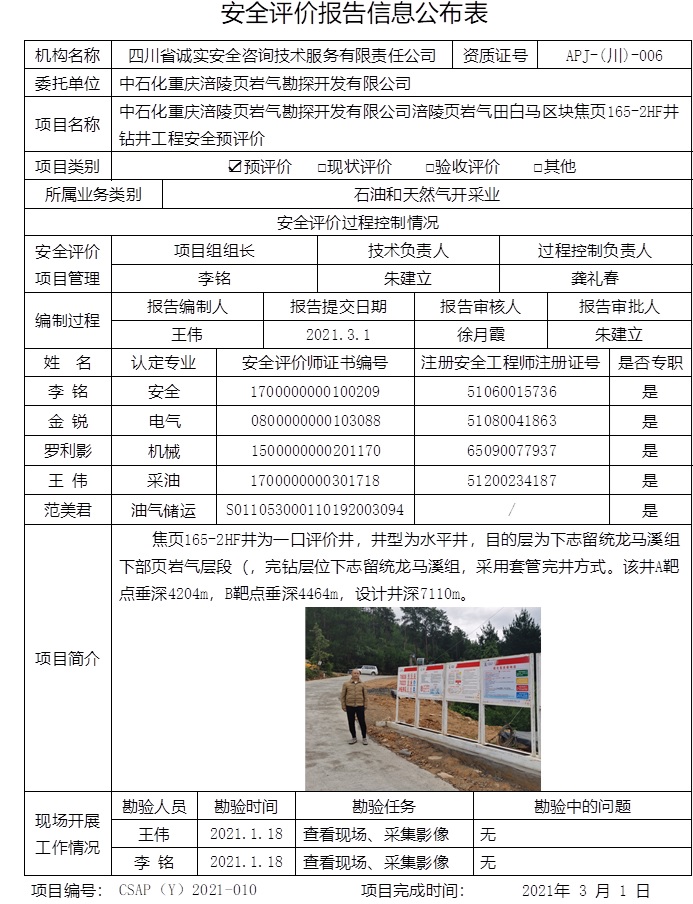 中石化重庆涪陵页岩气勘探开发有限公司涪陵页岩气田白马区块焦页165-2HF井钻井工程安全预评价.jpg