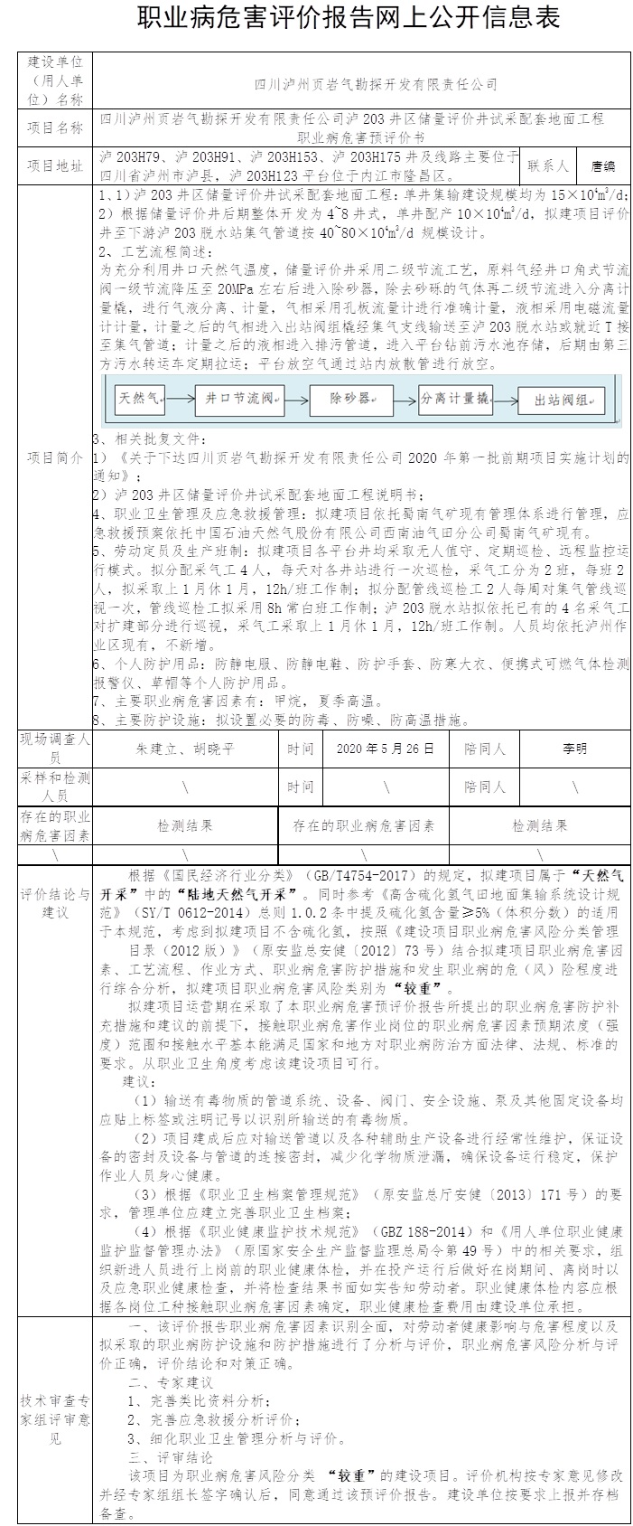 四川泸州页岩气勘探开发有限责任公司泸203井区储量评价井试采配套地面工程职业病危害预评价.jpg
