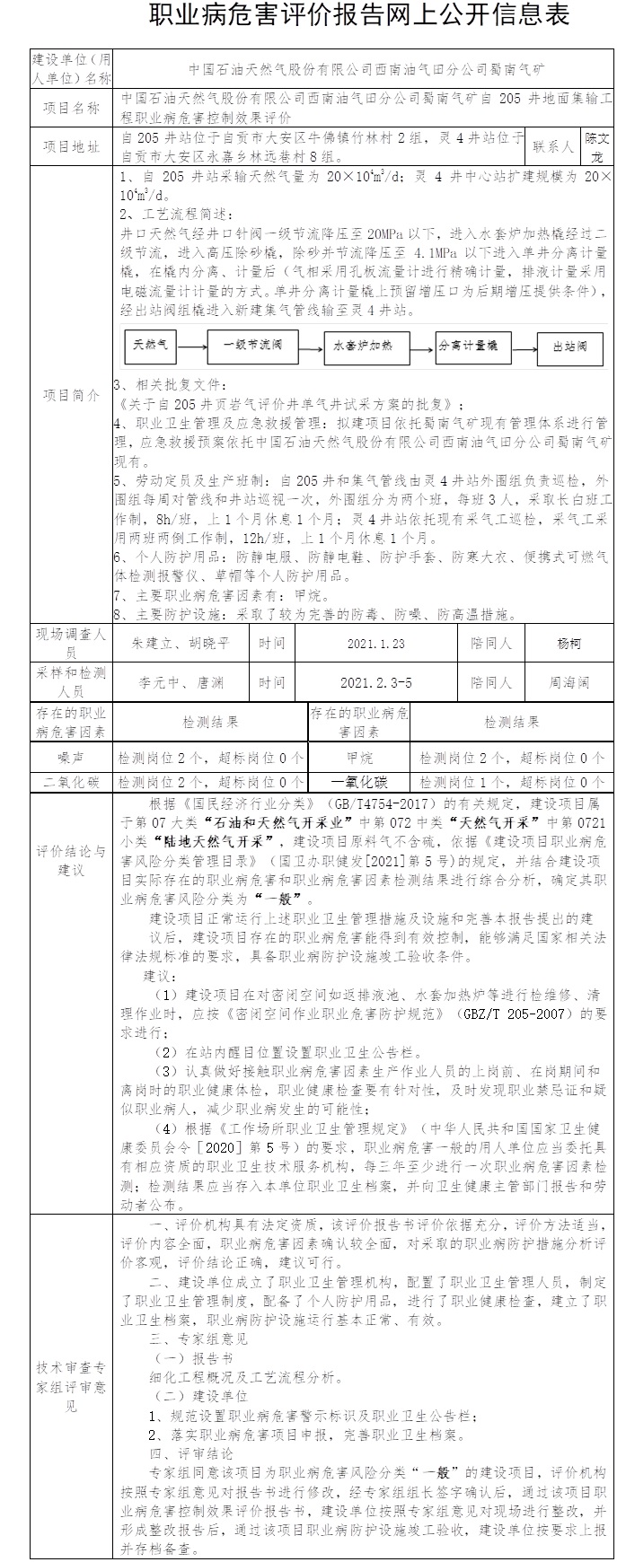 中国石油天然气股份有限公司西南油气田分公司蜀南气矿自205井地面集输工程职业病危害控制效果评价.jpg