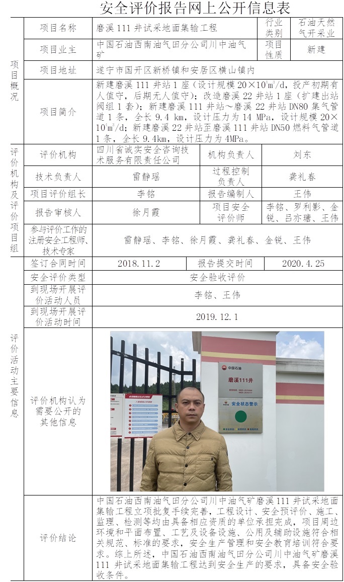 中国石油西南油气田分公司川中油气矿磨溪111井试采地面集输工程安全验收评价.jpg