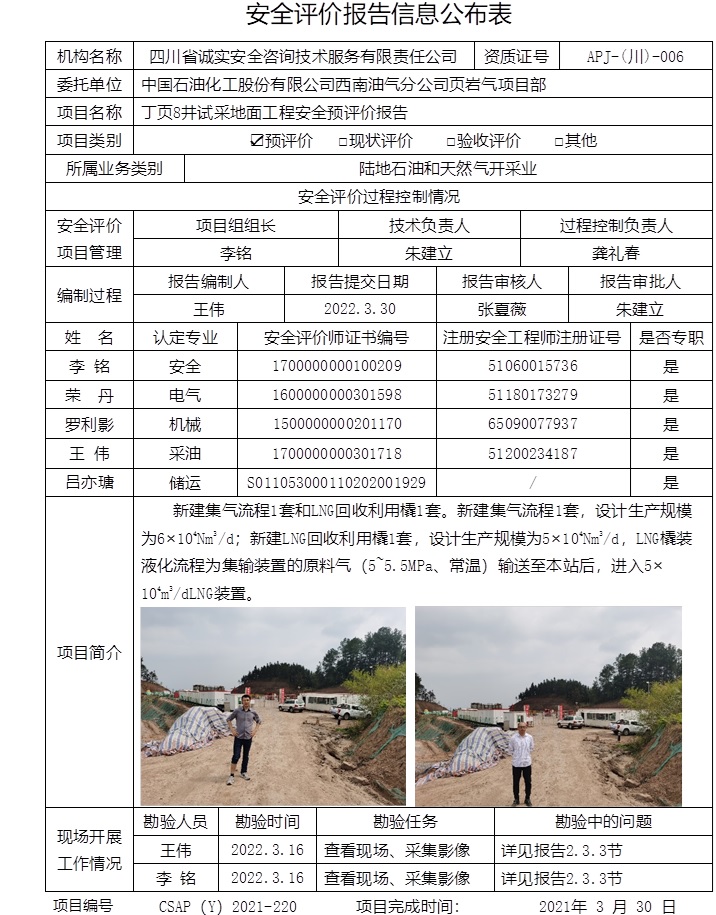 中国石油化工股份有限公司西南油气分公司页岩气项目部丁页8井试采地面工程安全预评价.jpg