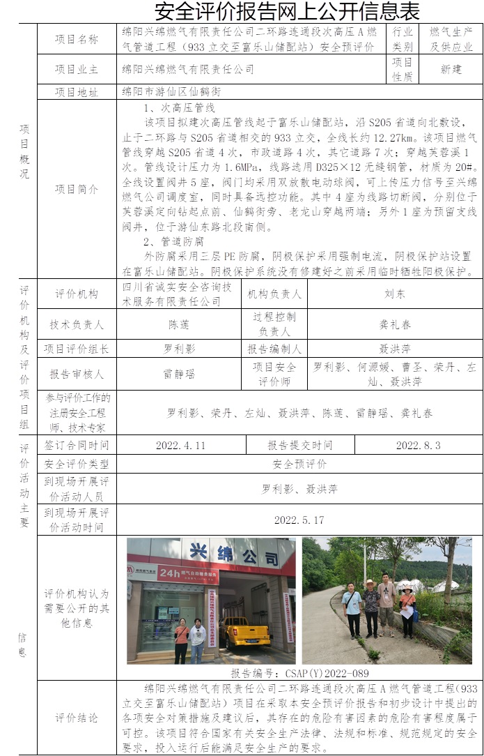 绵阳兴绵燃气有限责任公司二环路连通段次高压A燃气管道工程（933立交至富乐山储配站）安全预评价.jpg