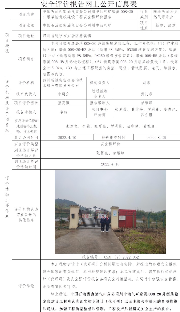 中国石油西南油气田分公司川中油气矿磨溪008-20井组集输复线建设工程安全预评价.jpg