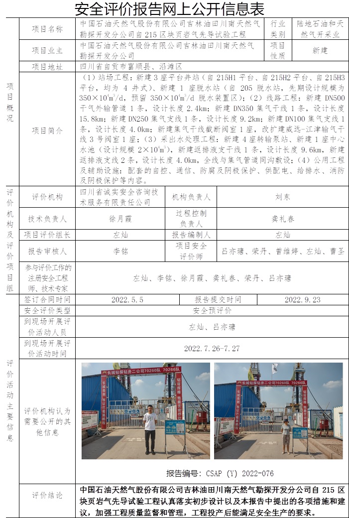 中国石油天然气股份有限公司吉林油田川南天然气勘探开发分公司自215区块页岩气先导试验工程安全预评价.jpg