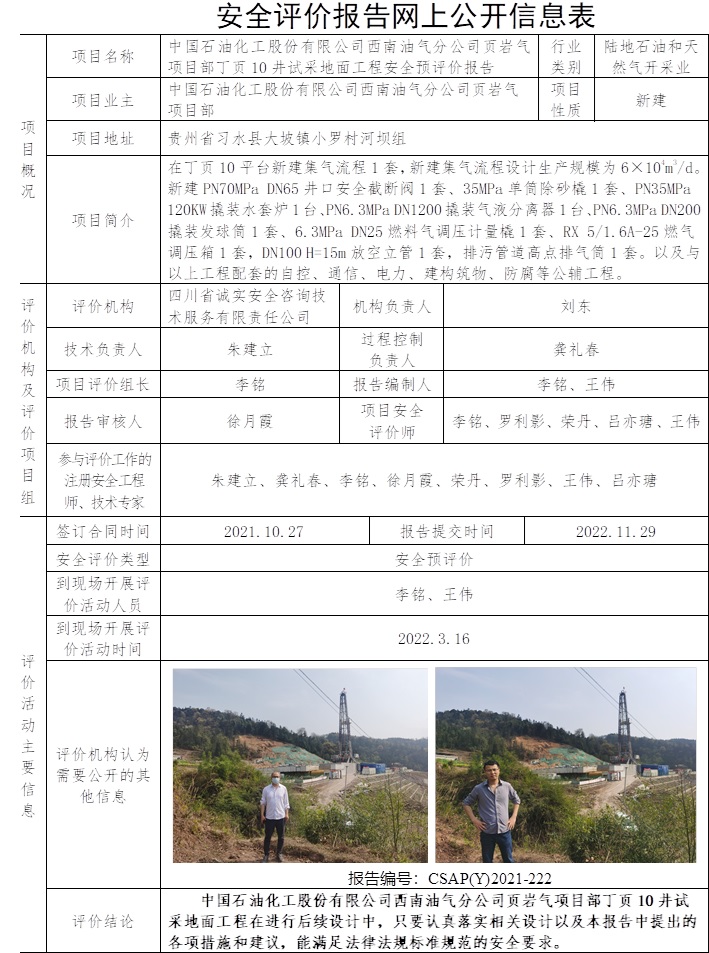 中国石油化工股份有限公司西南油气分公司页岩气项目部丁页10井试采地面工程安全预评价.jpg