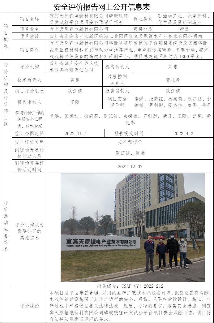 CSAP（Y）2022-212  宜宾天原锂电新材有限公司磷酸铁锂研发试验平台项目安全预评价报告.jpg