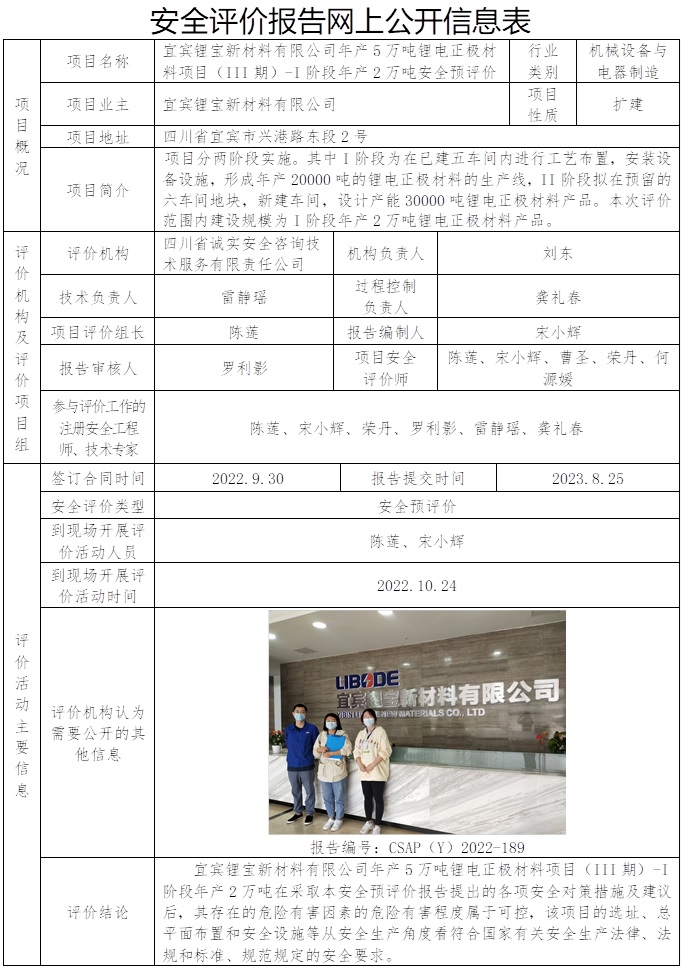 CSAP（Y）2022-189 宜宾锂宝新材料有限公司年产5万吨锂电正极材料项目（III期）-I阶段年产2万吨安全预评价.jpg
