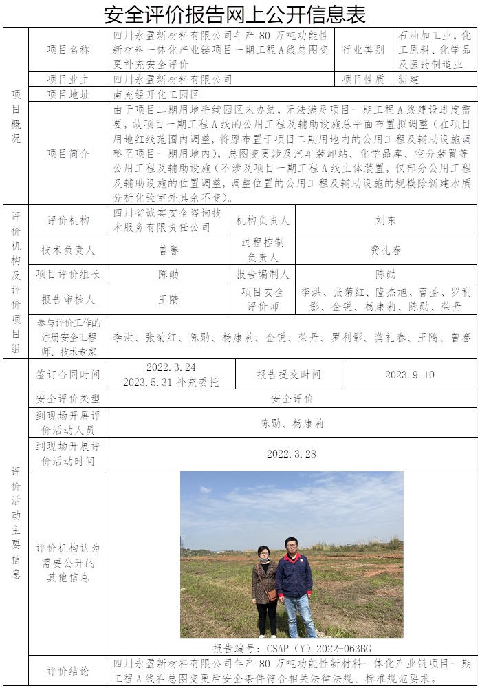 CSAP（Y）2022-063BG  四川永盈新材料有限公司年产80万吨功能性新材料一体化产业链项目一期工程A线总图变更补充安全评价报告.jpg