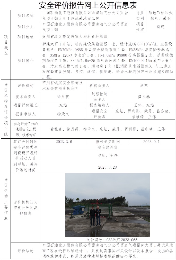 CSAP（Y）2023-065 中国石油化工股份有限公司西南油气分公司页岩气项目部太页1井试采地面工程安全预评价报告.jpg