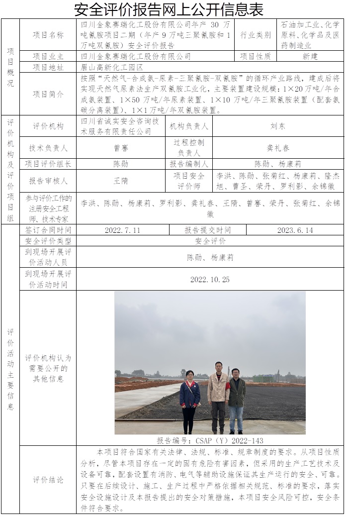 CSAP（Y）2022-143 四川金象赛瑞化工股份有限公司年产30万吨氰胺项目二期（年产9万吨三聚氰胺和1万吨双氰胺）安全评价报告-2023.6底.jpg