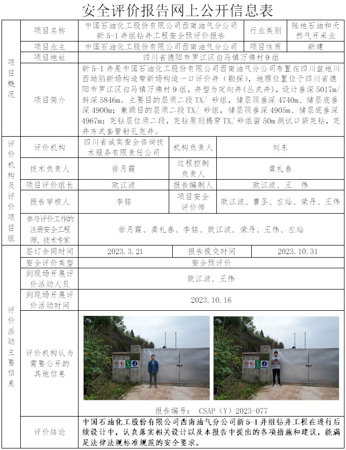 CSAP（Y）2023-077 中国石油化工股份有限公司西南油气分公司新5-1井组钻井工程安全预评价.jpg
