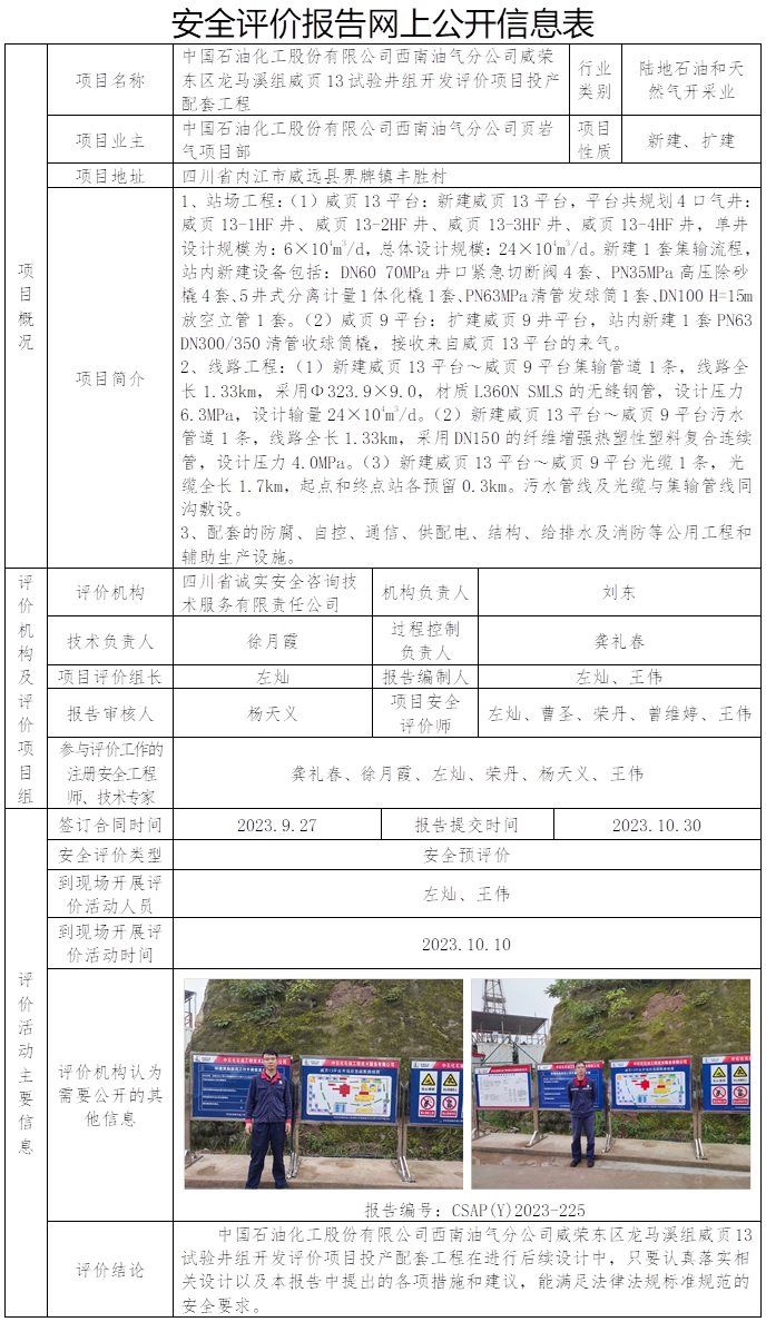 CSAP（Y）2023-225 中国石油化工股份有限公司西南油气分公司威荣东区龙马溪组威页13试验井组开发评价项目投产配套工程安全预评价报告.jpg