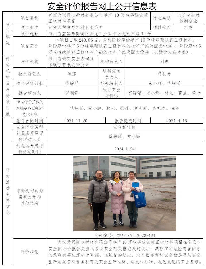 CSAP（Y）2023-131 宜宾天程锂电新材有限公司天程锂电年产10万吨磷酸铁锂正极材料项目安全预评价.jpg