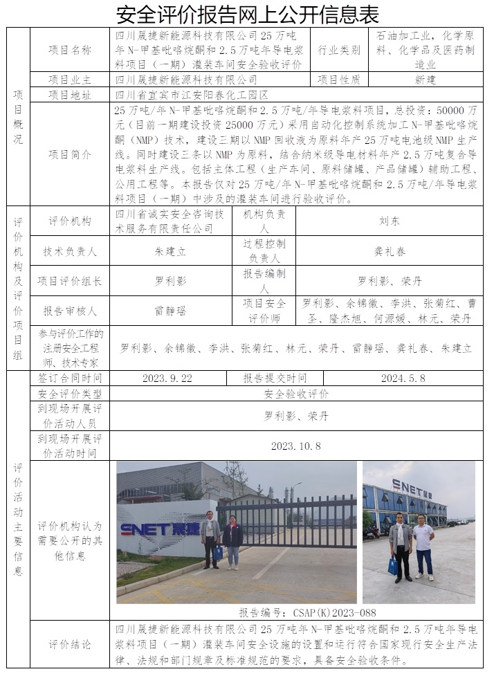 CSAP（K）2023-088 四川晟捷新能源科技有限公司25万吨年N-甲基吡咯烷酮和2.5万吨年导电浆料项目（一期）灌装车间安全验收评价报告.jpg