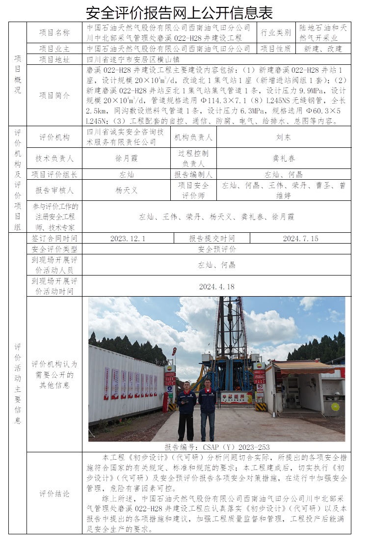 CSAP（Y）2023-253  中国石油天然气股份有限公司西南油气田分公司川中北部采气管理处磨溪022-H28井建设工程安全预评价.jpg