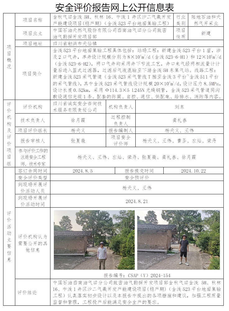 CSAP（Y）2024-154 中国石油西南油气田分公司致密油气勘探开发项目部金秋气田金浅5H、秋林16、中浅1井区沙二气藏开发产能建设项目（稳产期）金浅523地面集输工程安全预评价报告.jpg