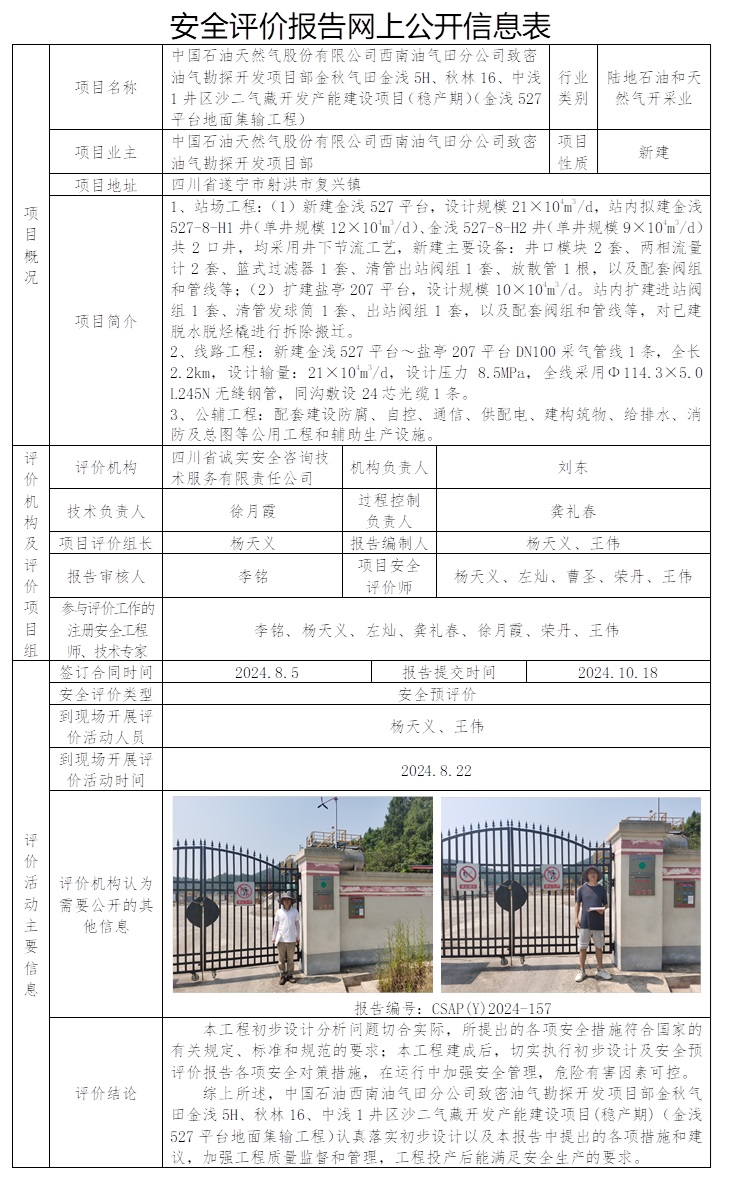 CSAP（Y）2024-157 中国石油天然气股份有限公司西南油气田分公司致密油气勘探开发项目部金秋气田金浅5H、秋林16、中浅1井区沙二气藏开发产能建设项目（稳产期）（金浅527平台地面集输工程）安全预评价报告.jpg
