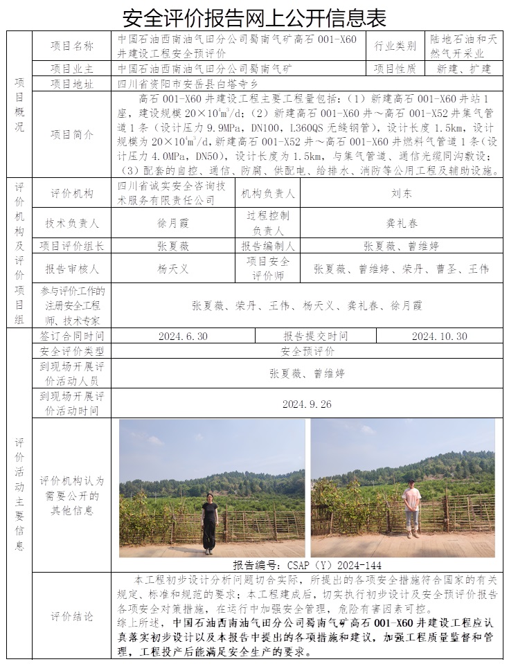 CSAP（Y）2024-144 中国石油西南油气田分公司蜀南气矿高石001-X60井建设工程安全预评价.jpg