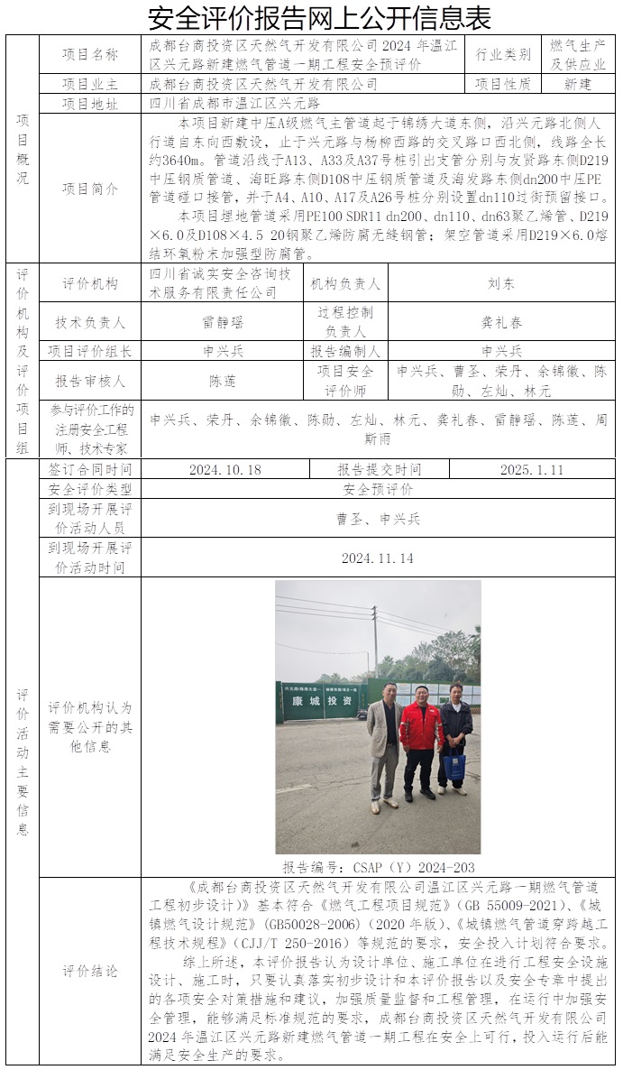 CSAP（Y）2024-203 成都台商投资区天然气开发有限公司2024年温江区兴元路新建燃气管道一期工程安全预评价.jpg