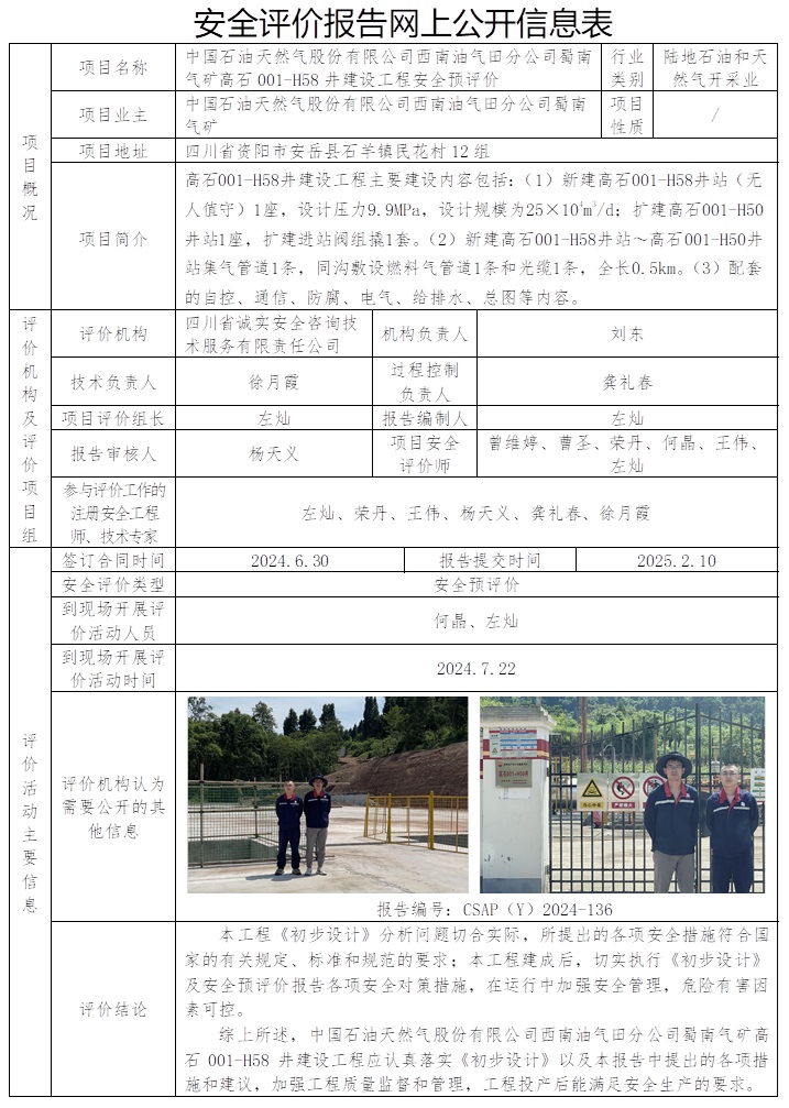 CSAP（Y）2024-136 中国石油西南油气田分公司蜀南气矿高石001-H58井建设工程安全预评价报告.jpg