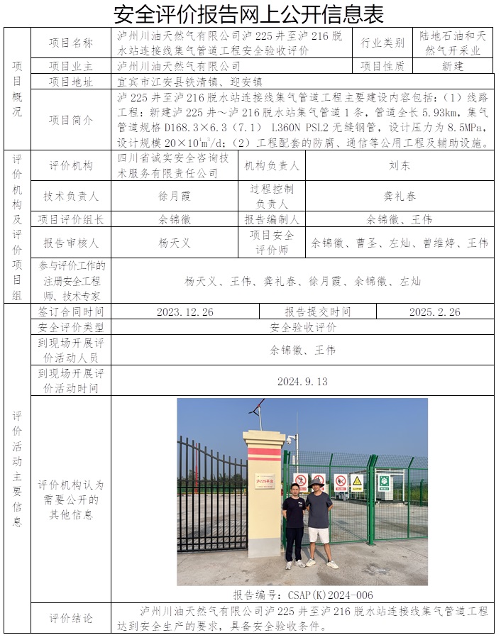 CSAP（K）2024-006 泸州川油天然气有限公司泸225井至泸216脱水站连接线集气管道工程安全验收评价报告.jpg