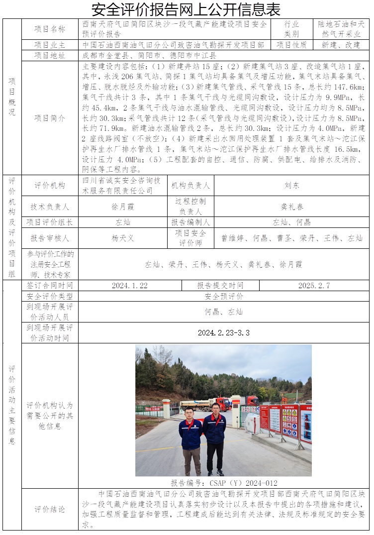 CSAP（Y）2024-012 中国石油西南油气田分公司致密油气勘探开发项目部西南天府气田简阳区块沙一段气藏产能建设项目安全预评价报告.jpg