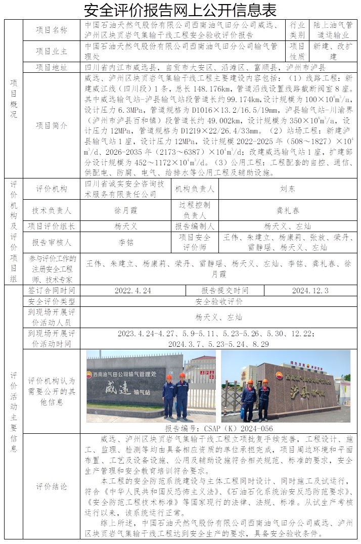 CSAP（K）2024-056 中国石油天然气股份有限公司西南油气田分公司威远、泸州区块页岩气集输干线工程安全验收评价报告.jpg