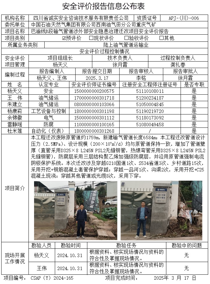 CSAP（Y）2024-165 中国石油西南油气田分公司重庆气矿巴渝线B段输气管道涉外部安全隐患治理迁改项目安全评价报告.jpg