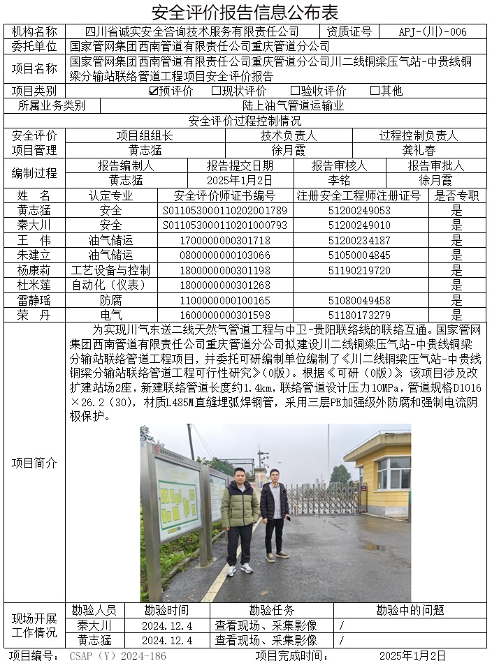 CSAP（Y）2024-186 国家管网集团西南管道有限责任公司重庆管道分公司川二线铜梁压气站-中贵线铜梁分输站联络管道工程项目安全评价.jpg