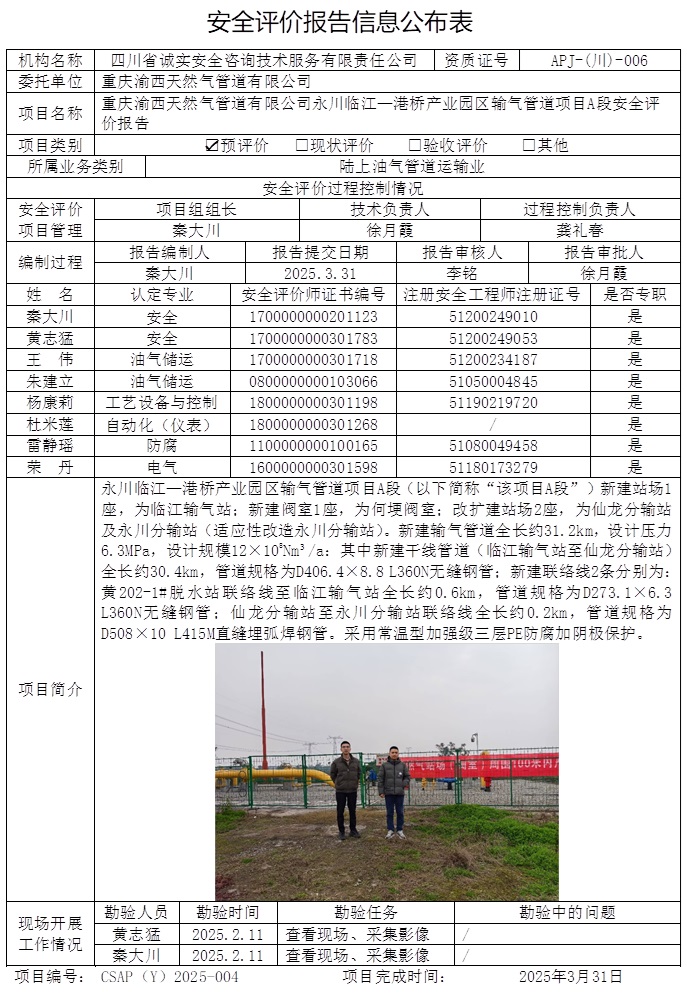 CSAP（Y）2025-004 重庆渝西天然气管道有限公司永川临江—港桥产业园区输气管道项目A段安全评价报告.jpg