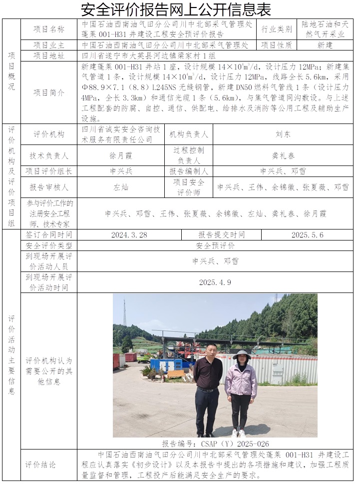 CSAP（Y）2025-026 中国石油西南油气田分公司川中北部采气管理处蓬莱001-H31井建设工程安全预评价报告.jpg
