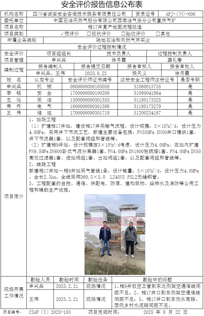 CSAP（Y）2025-103中国石油天然气股份有限公司西南油气田分公司重庆气矿相17井复产地面流程改造安全预评价报告.jpg