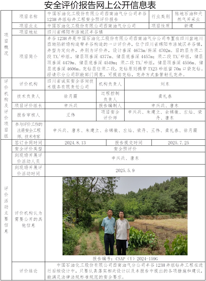 报告修改，只在公司网站公示，协会网站不公示，删除原公示信息   网上公开信息表-CSAP（Y）2024-159G-中国石油化工股份有限公司西南油气分公司丰谷123H井组钻井工程安全预评价报告.jpg