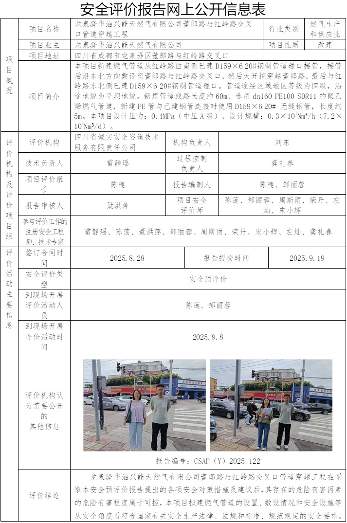 CSAP（Y）2025-122龙泉驿华油兴能天然气有限公司董郎路与红岭路交叉口管道穿越工程安全预评价.jpg