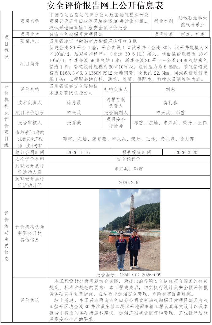 CSAP（Y）2026-009天府气田盐亭区块金浅30井沙溪庙组二段试采地面集输工程安全预评价报告.jpg