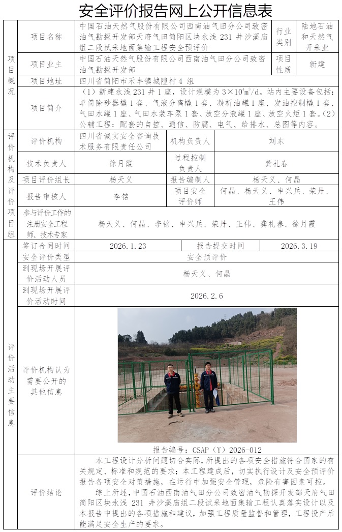 CSAP（Y）2026-012中国石油西南油气田分公司致密油气勘探开发部天府气田简阳区块永浅231井沙溪庙组二段试采地面集输工程安全预评价报告.jpg