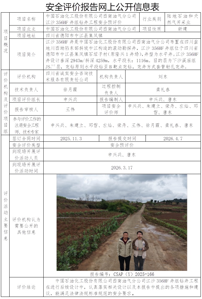 CSAP（Y）2025-166中国石油化工股份有限公司西南油气分公司江沙356HF井组钻井工程安全预评价报告.jpg