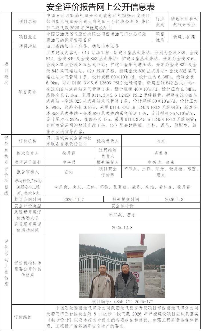 CSAP（Y）2025-177 中国石油致密油气勘探开发项目部西南油气田分公司天府气田三台区块金浅8井区沙二段气藏2026年产能建设项目安全预评价报告.jpg
